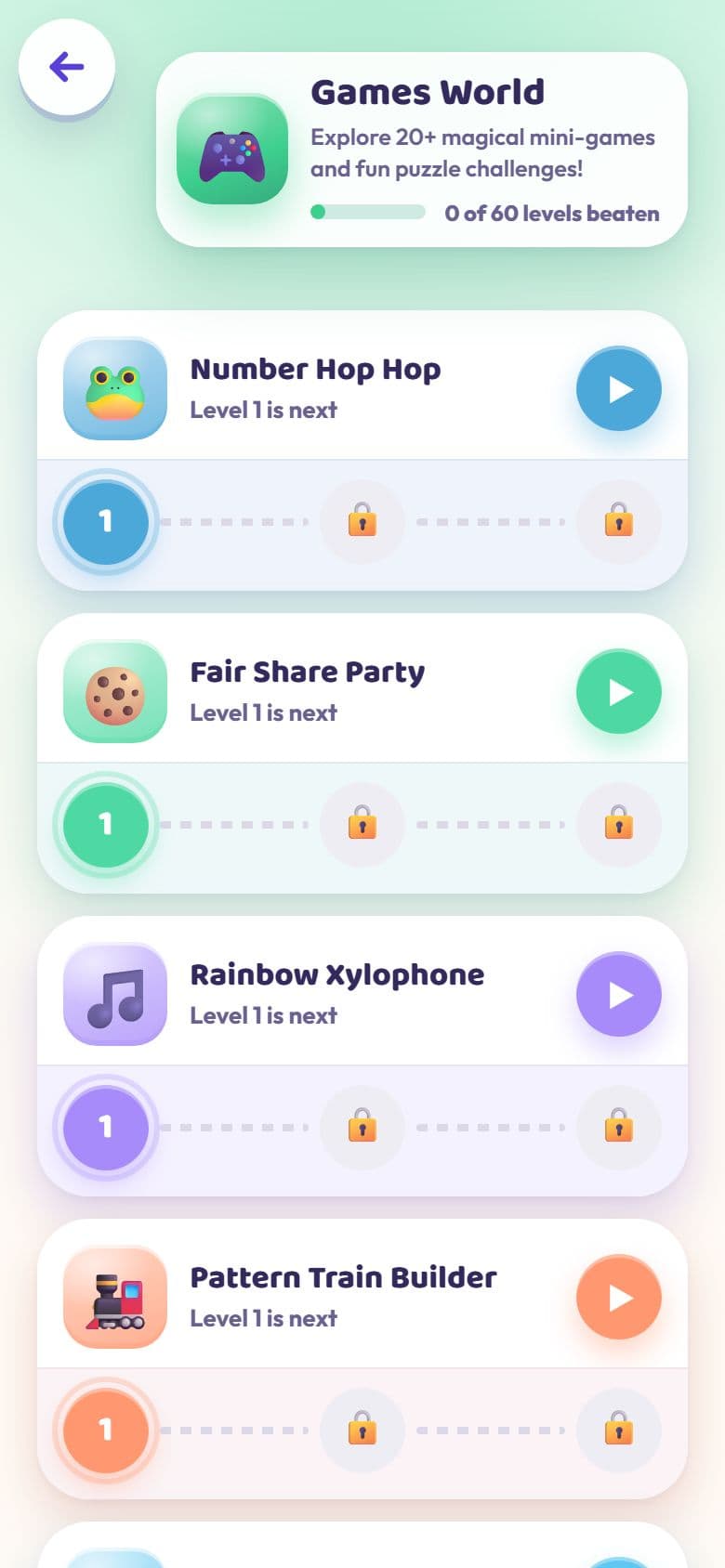 Toddler's Galaxy games world listing educational mini-games