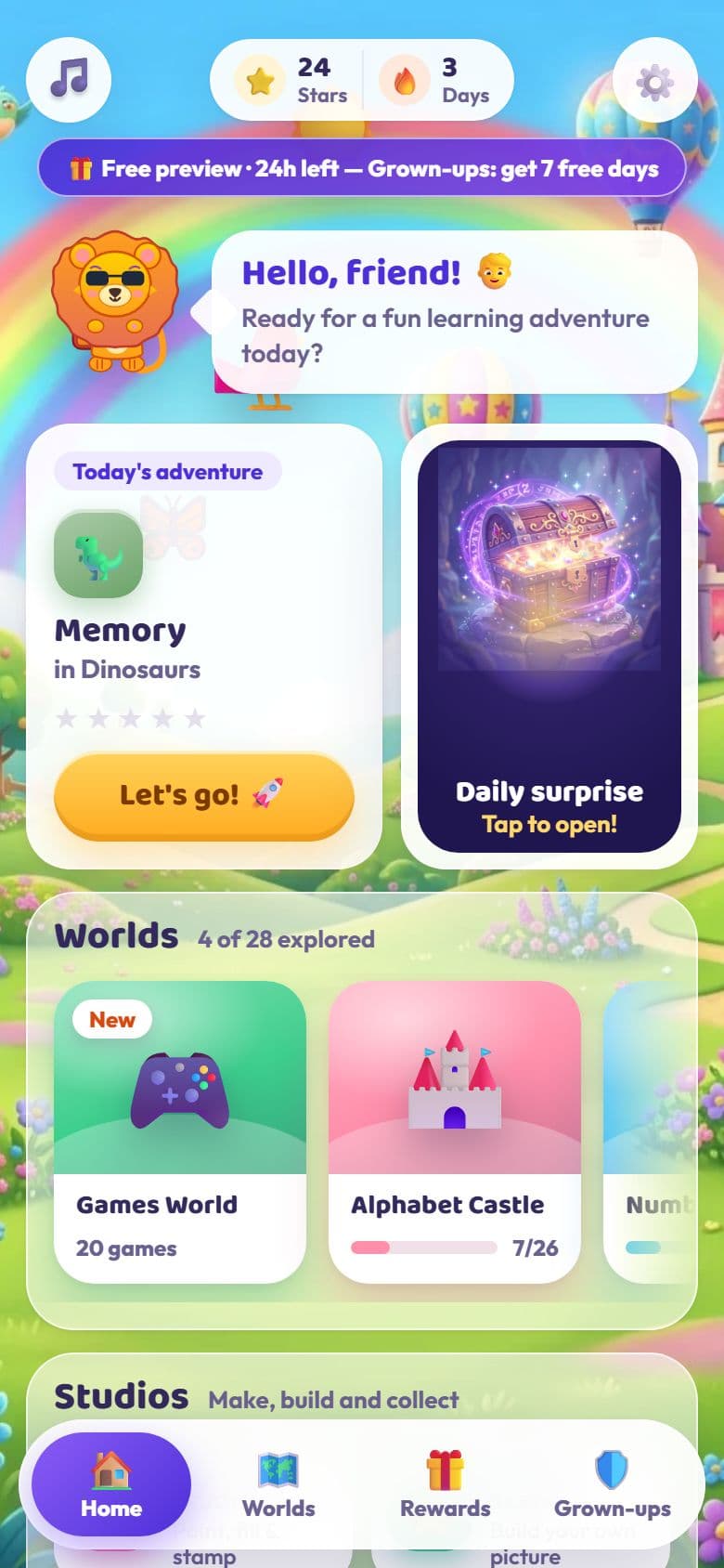 Toddler's Galaxy home screen with a lion mascot, today's adventure, a daily surprise and the learning worlds